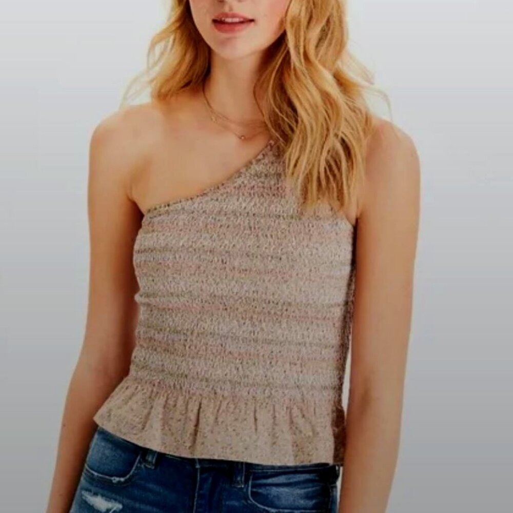 American Eagle | Smocked One Shoulder Cotton Linen Floral Ruffle Peplum | Medium
